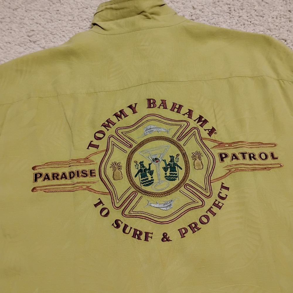Tommy Bahama Shirt Mens M Green Silk Paradise Patrol Surf Embroidered Hawaiian